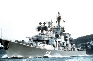 A port bow view of a Soviet Kara class guided missile cruiser underway.